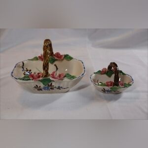 Antique Pottery Basket Set of 2...Hand Painted Roses Hand Made in Italy Signed!